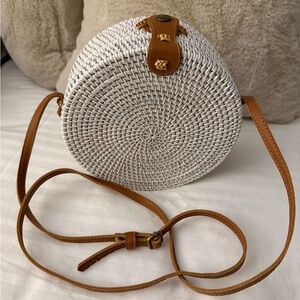 Bohemian Round Crossbody Rattan Wicker Tote Purse Hand Bag White Woven Basket